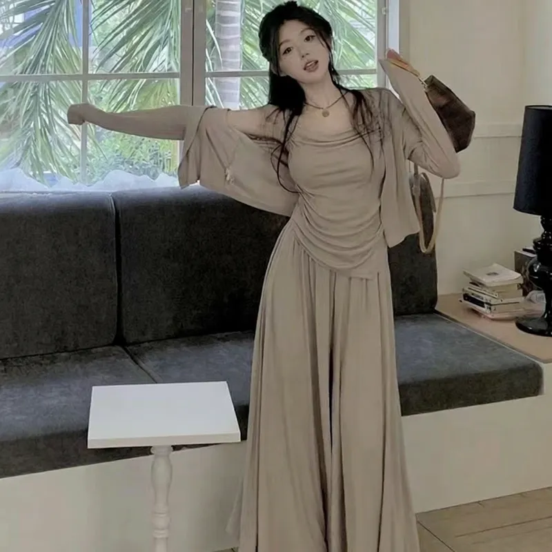 慵懒休闲套装女春秋新款不规则吊带开衫高腰拖地裤显瘦气质三件套