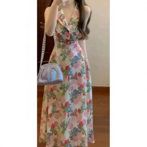 欧法式浪漫优雅玫瑰印花收腰连衣裙收腰大摆碎花衬衫式长裙新