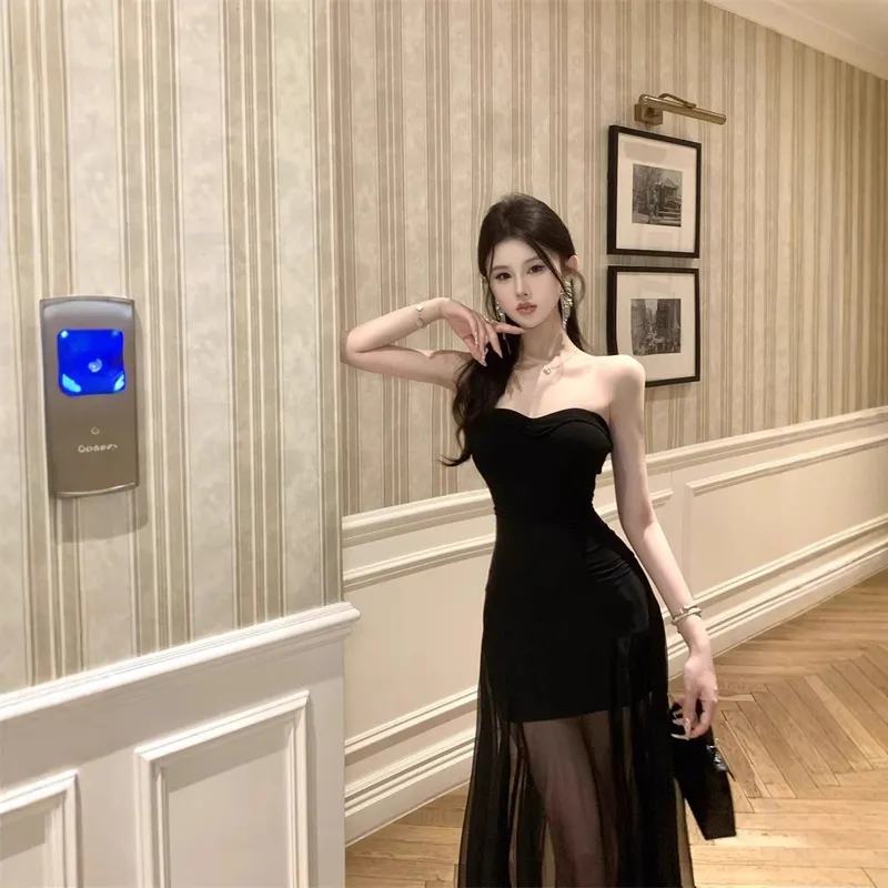 法式韩版夏季新款抹胸网纱拼接修身连衣裙纯欲露背高级a字长裙子