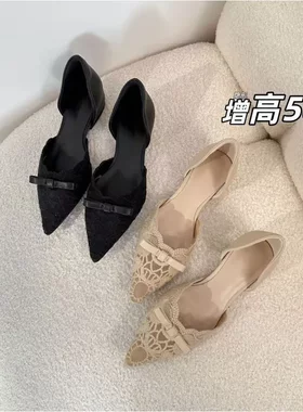 内增高5CM蕾丝蝴蝶结透气中空单鞋女复古风网纱尖头平底鞋