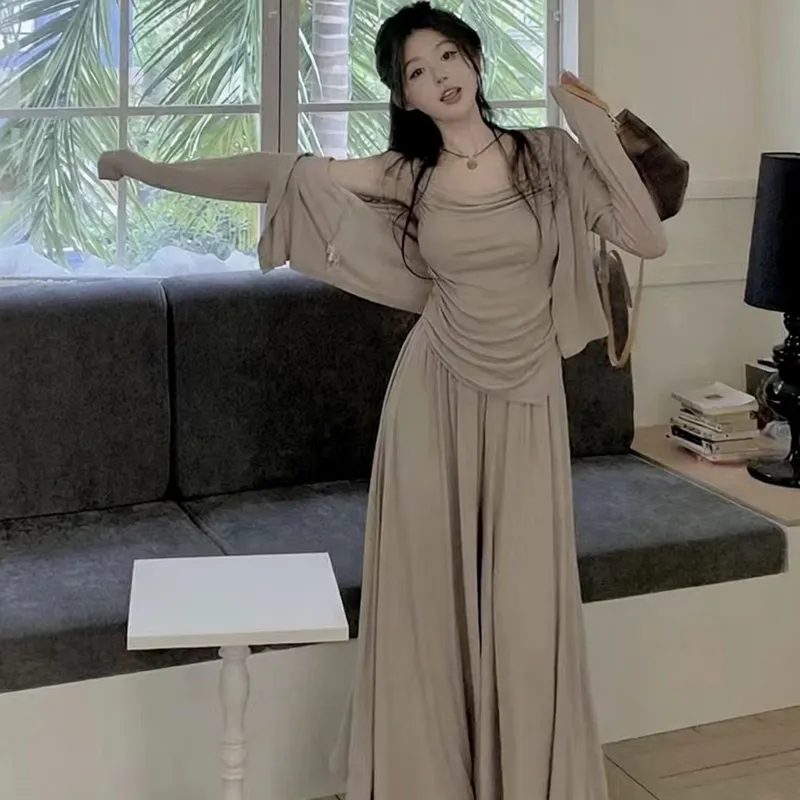 三件套 慵懒休闲套装女春秋新款不规则吊带开衫高腰拖地裤显瘦