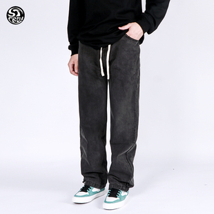 复古宽松直筒男女 洗水 风格 滑手 STC 90s运动牛仔长裤 黑灰蓝色