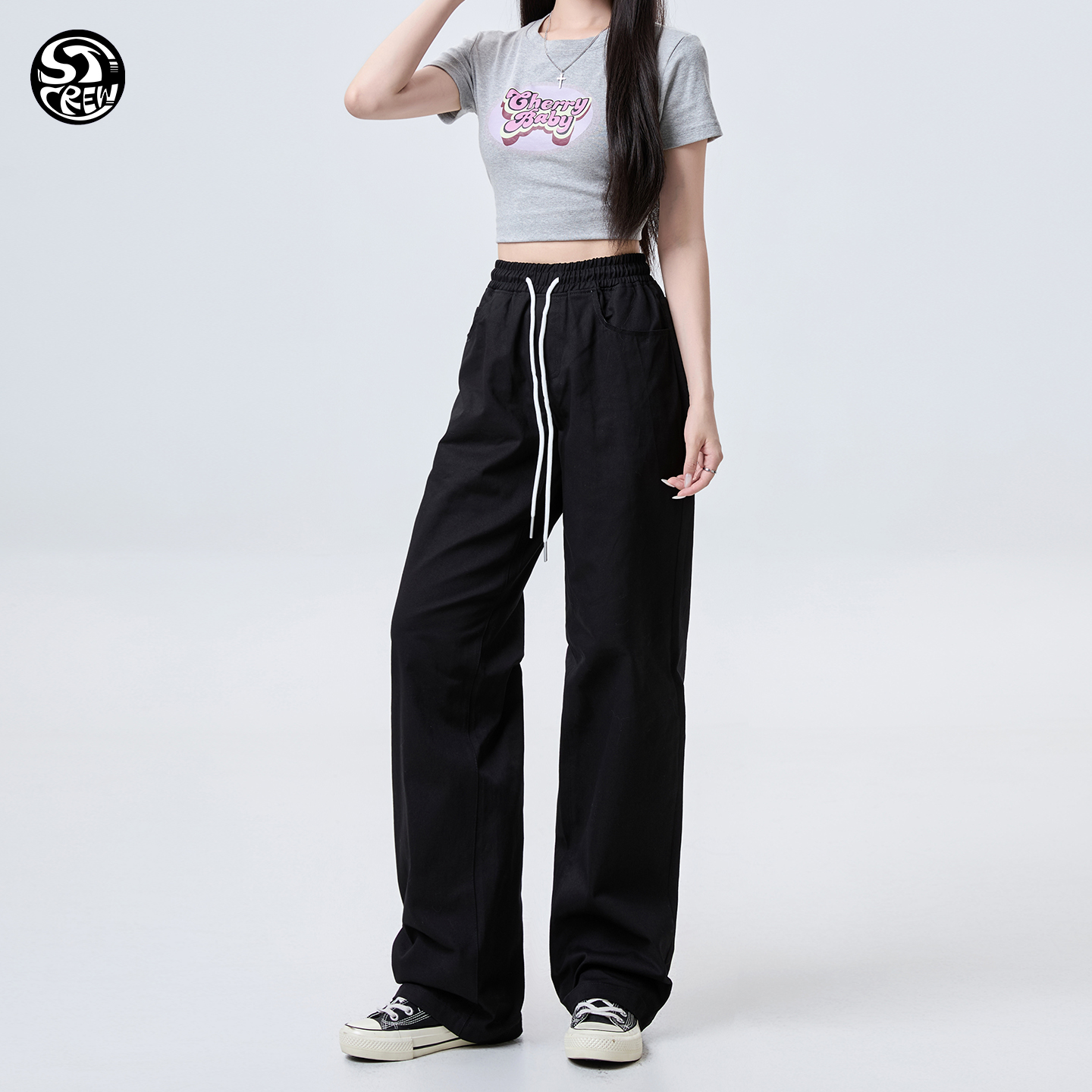 STC美式黑色直筒宽松运动休闲百搭抽绳跳舞男女滑板嘻哈hipho长裤