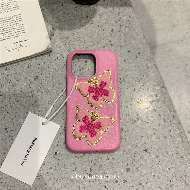 Don't want to add oil, a niche two pink butterfly embroidered crackle shell phone case suitable for Apple 17ProMax, high-end feel soft shell for iPhone 16/15, full edge drop protection case for 14