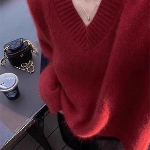 秋冬新款高端安哥拉红大码V领100%纯羊毛衫女宽松加厚时尚慵懒风