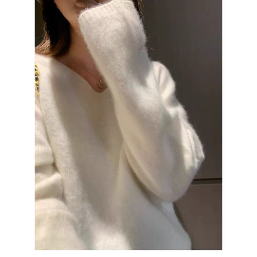 拉绒V领套头羊毛衫女宽松打底衫