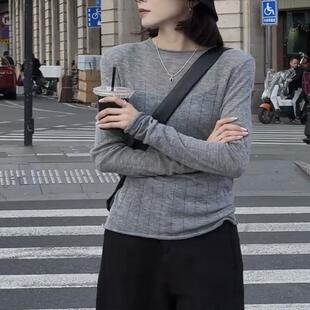 格雷系烟灰色针织衫女早春时尚洋气宽松卷边羊毛长袖毛衣打底衫薄