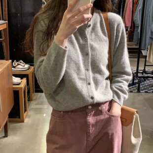 纯羊毛开衫女秋冬款圆领短款羊毛衫韩版宽松针织衫外搭叠穿
