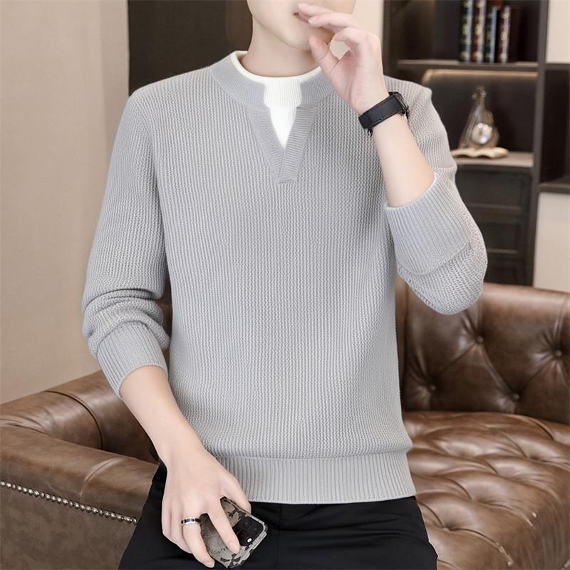 假两件毛衣男士秋冬季加厚保暖线衣修身潮牌拼接长袖针织衫外套男