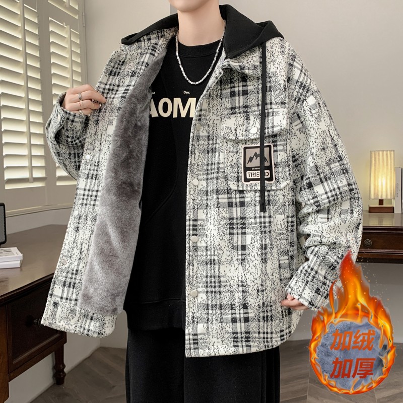 加绒加厚连帽夹克男士外套春秋冬季2025新款宽松保暖帅气休闲上衣