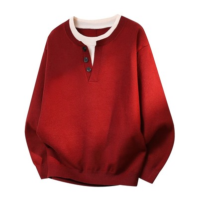 本命年红色毛衣男款秋冬季高级感潮牌宽松简约慵懒风假两件针织衫