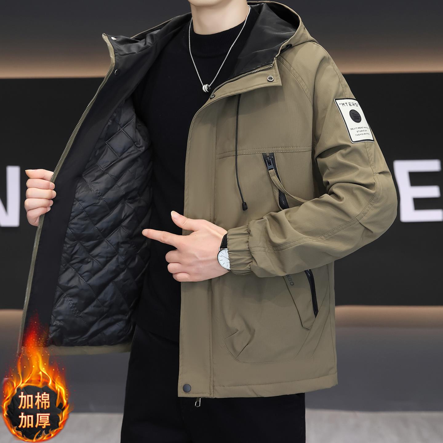 2025年新款秋冬加厚外套韩版连帽夹克青年男士帅气夹棉保暖棉衣服