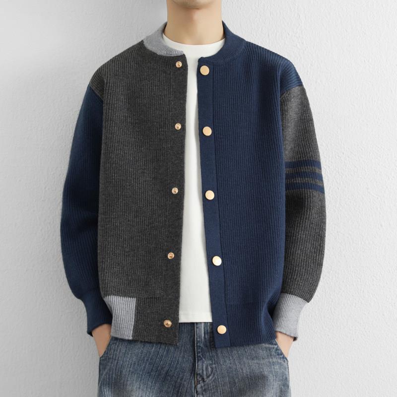 高级感针织开衫外套男春秋季潮牌撞色拼接慵懒休闲棒球领毛衣夹克