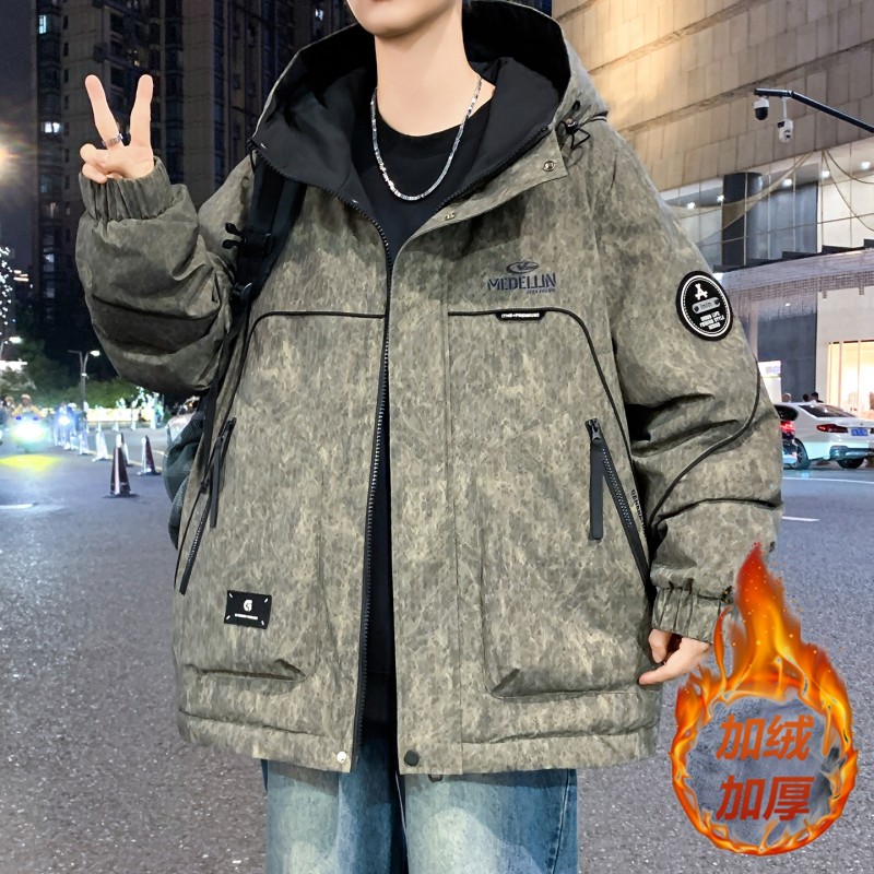 加绒加厚外套男款秋冬季潮牌扎染连帽工装夹克男青少年保暖冲锋衣