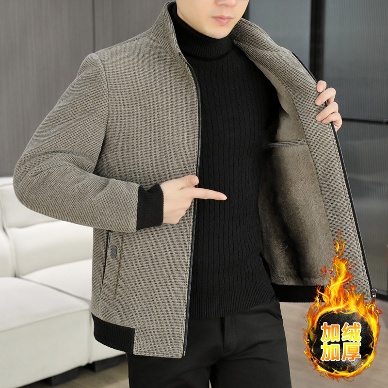秋冬季新款加绒加厚立领呢子夹克男士休闲保暖短款毛呢大衣外套