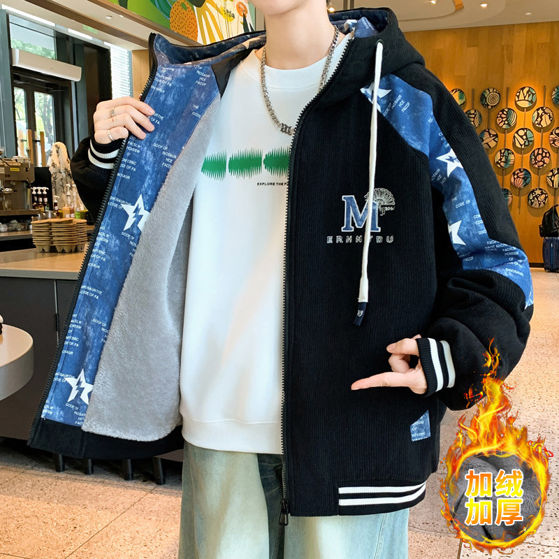 潮牌连帽外套男冬季2025新款青少年加绒棉服宽松帅气男装二棉夹克