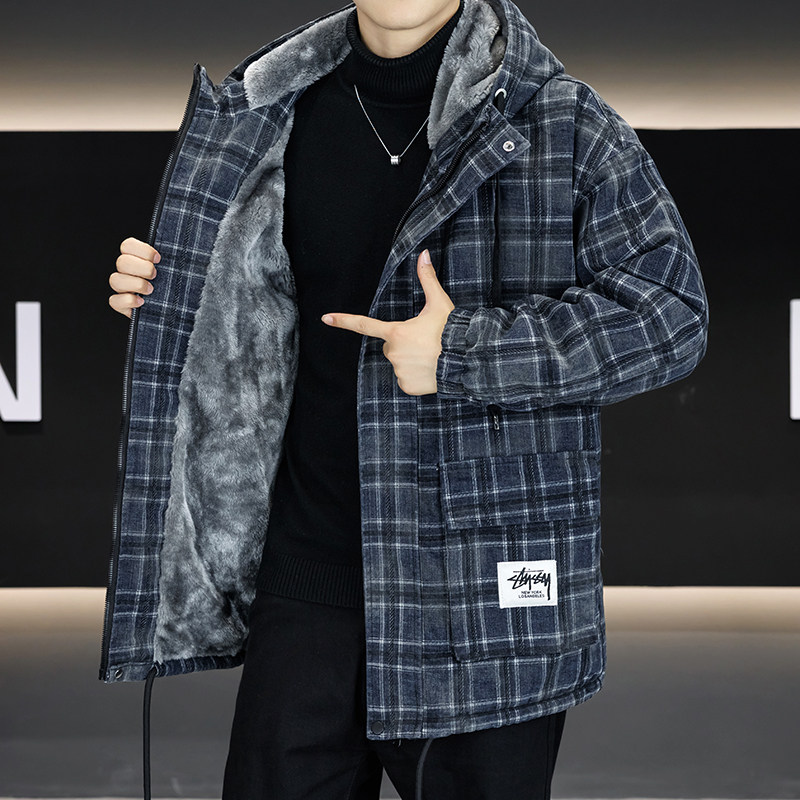 冬季新款连帽牛仔夹克男士加绒加厚保暖中长款休闲格子棉袄外套潮
