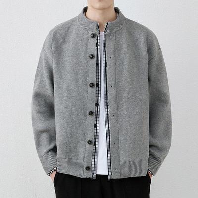 男士高级假两件针织开衫外套男款长袖毛衣2025新款早秋百搭线衣潮