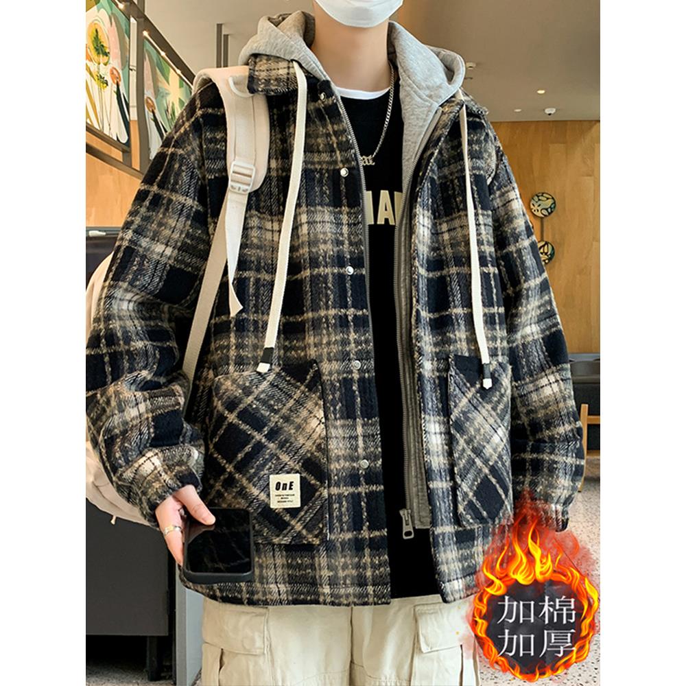 青少年毛呢格纹棉衣男秋冬美式复古夹克设计感加厚痞帅假两件外套