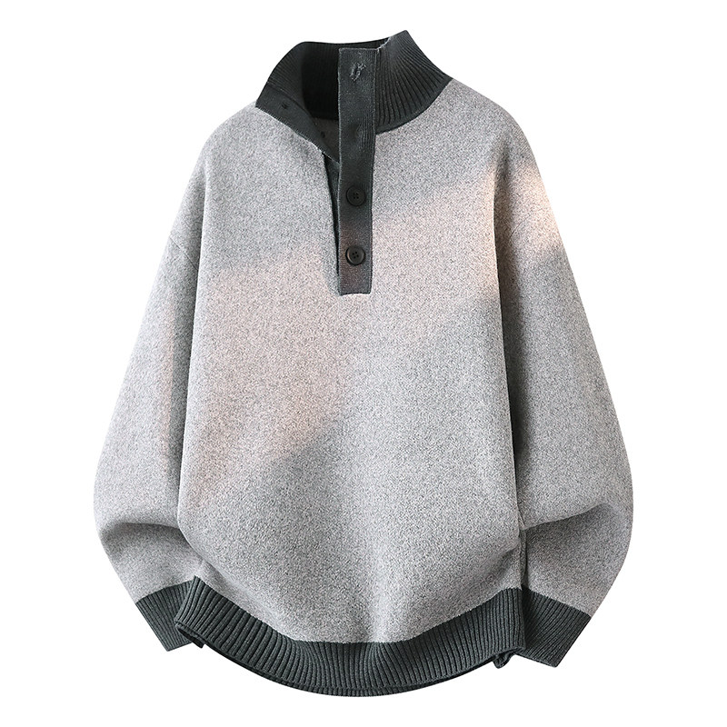 半开襟立领毛衣男秋冬季撞色保暖简约针织衫男格雷系冬装线衣外套