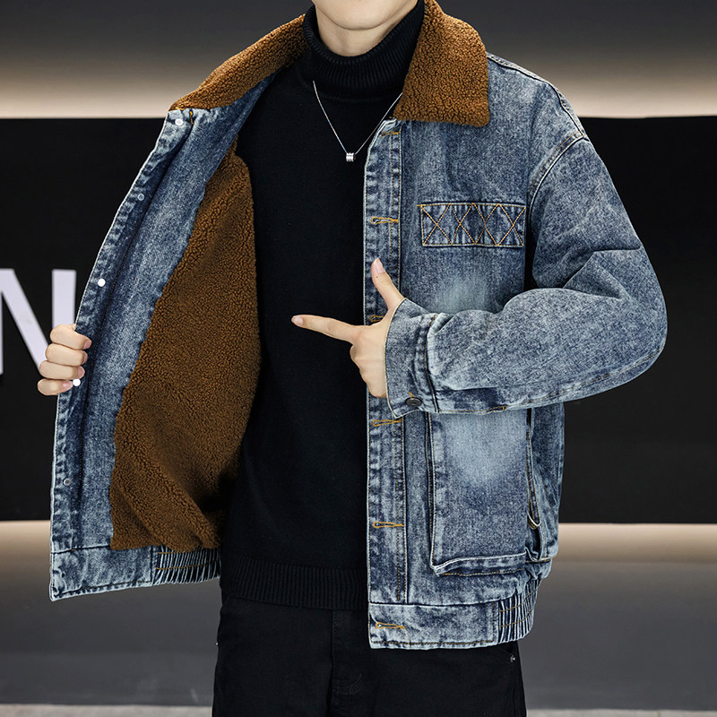 秋冬季青年加绒加厚牛仔外套男士羊羔绒拼接宽松潮牌夹克帅气冬装