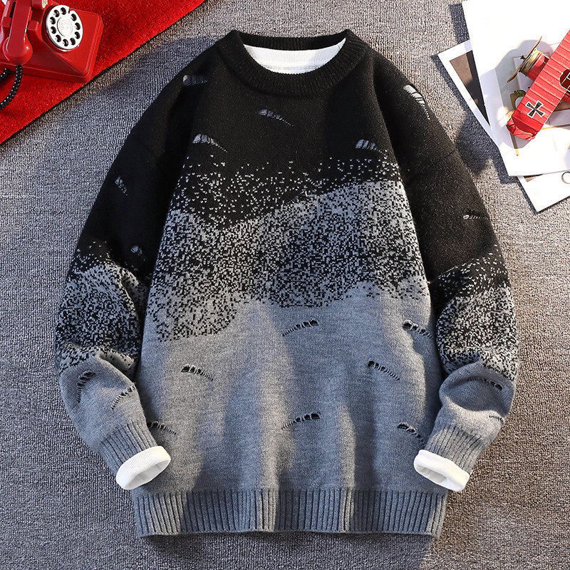 渐变圆领毛衣男秋冬季青少年潮流宽松慵懒加厚保暖内搭针织打底衫