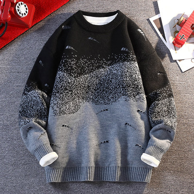 渐变圆领毛衣男秋冬季青少年潮流宽松慵懒加厚保暖内搭针织打底衫