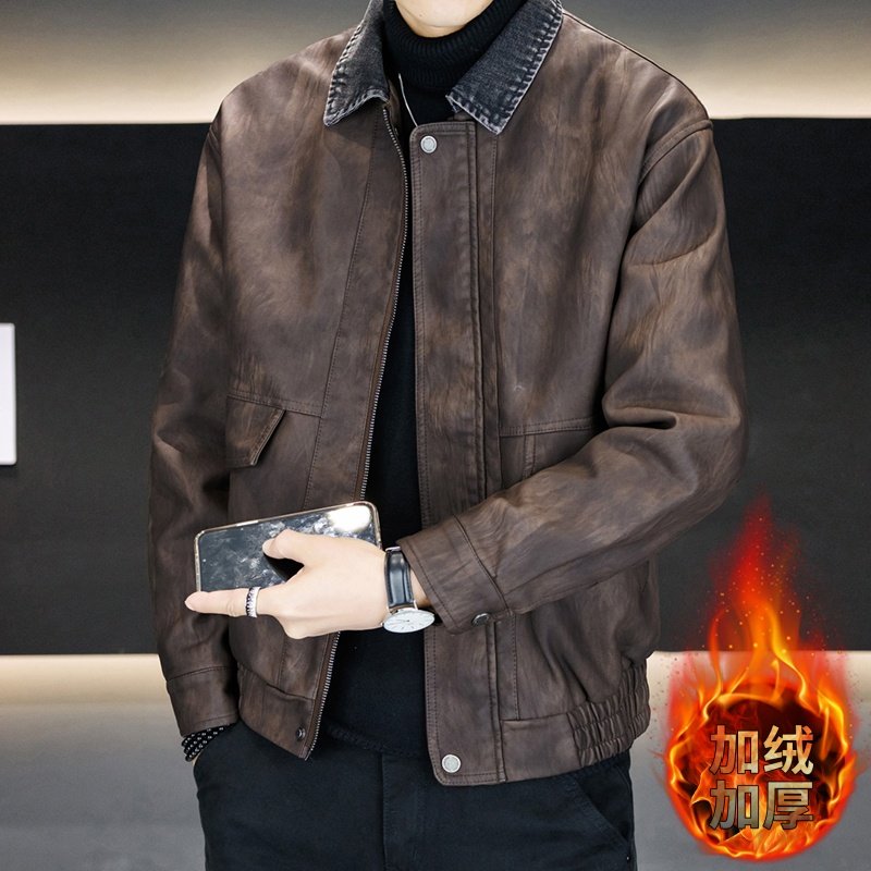 冬季新款假两件翻领机车皮衣男士加绒加厚复古休闲保暖皮夹克外套