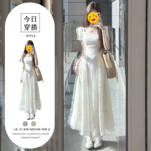 法式 高级感温柔风气质收腰显瘦仙女 甜美初恋方领连衣裙夏季 新款