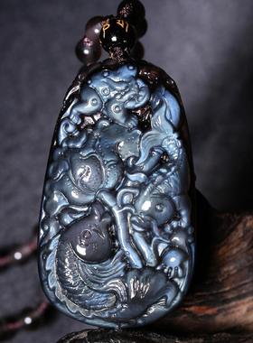 鬼蓝眼黑曜石吊坠本命年双鲤如意锦鲤鱼挂件护身符项链上岸礼物