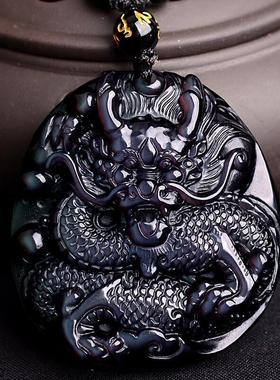 天然冰彩蓝眼黑曜石双龙护主吊坠生肖挂坠项链男士女龙牌饰品