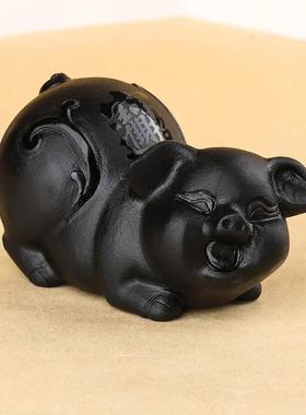 天然黑曜石猪摆件黑色生肖小猪工艺品玉石雕办公室原石家居吉祥物