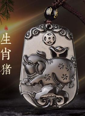 冰种黑曜石十二生肖牛虎兔龙蛇马羊猴鸡狗猪本命年女项链蛇年吊坠