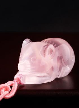 天然粉晶小老鼠吊坠粉色水晶生肖六合牛项链男女款挂件钥匙扣饰品