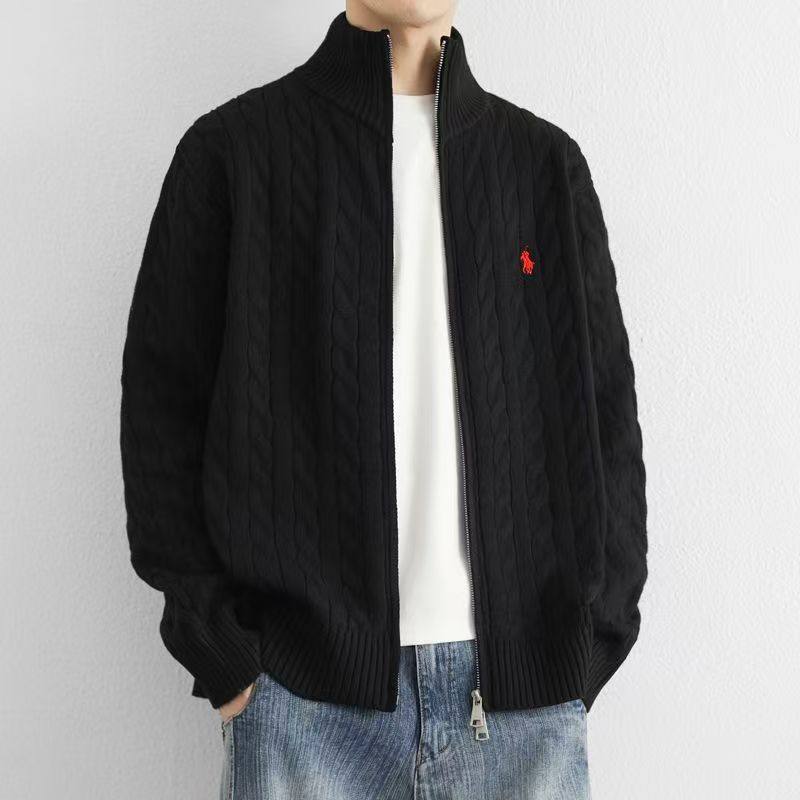 欧洲站轻奢小马刺绣麻花拉链毛衣男款秋冬老钱风立领针织开衫外套