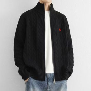 欧洲站轻奢小马刺绣麻花拉链毛衣男款秋冬老钱风立领针织开衫外套