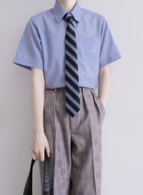 月枝泪 水蓝色刺绣棉短袖衬衫JK制服DK速干夏季日常通勤原创设计