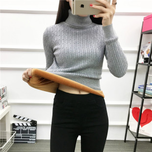 秋冬季加绒加厚保暖毛衣女套头短款大码修身高领针织衫打底衫百搭
