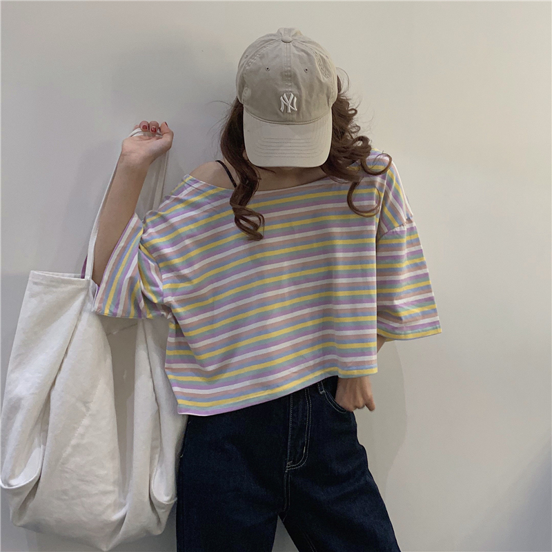 Real shot cotton summer dress design feeling small T-shirt girl short sleeve Rainbow Stripe one line collar