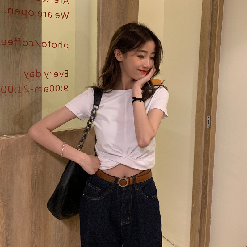 Real shot cotton summer decoration body short sleeve T-shirt women's Hong Kong style high waist short top fashion