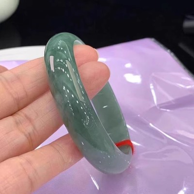 冰糯种油青飘花翡翠手镯冰透翡翠a玉镯子半山半水玉手镯年轻款