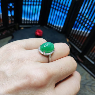 特价促销 南阳独山玉石满绿蛋蛋面镶嵌925银女戒指指环
