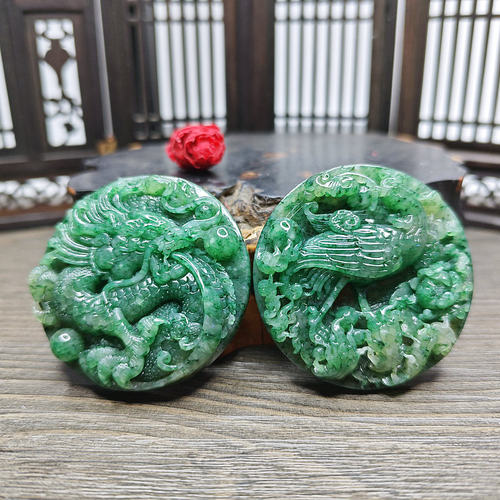 特惠南阳独玉冰润满绿吉祥龙凤对佩吊坠 挂件证书