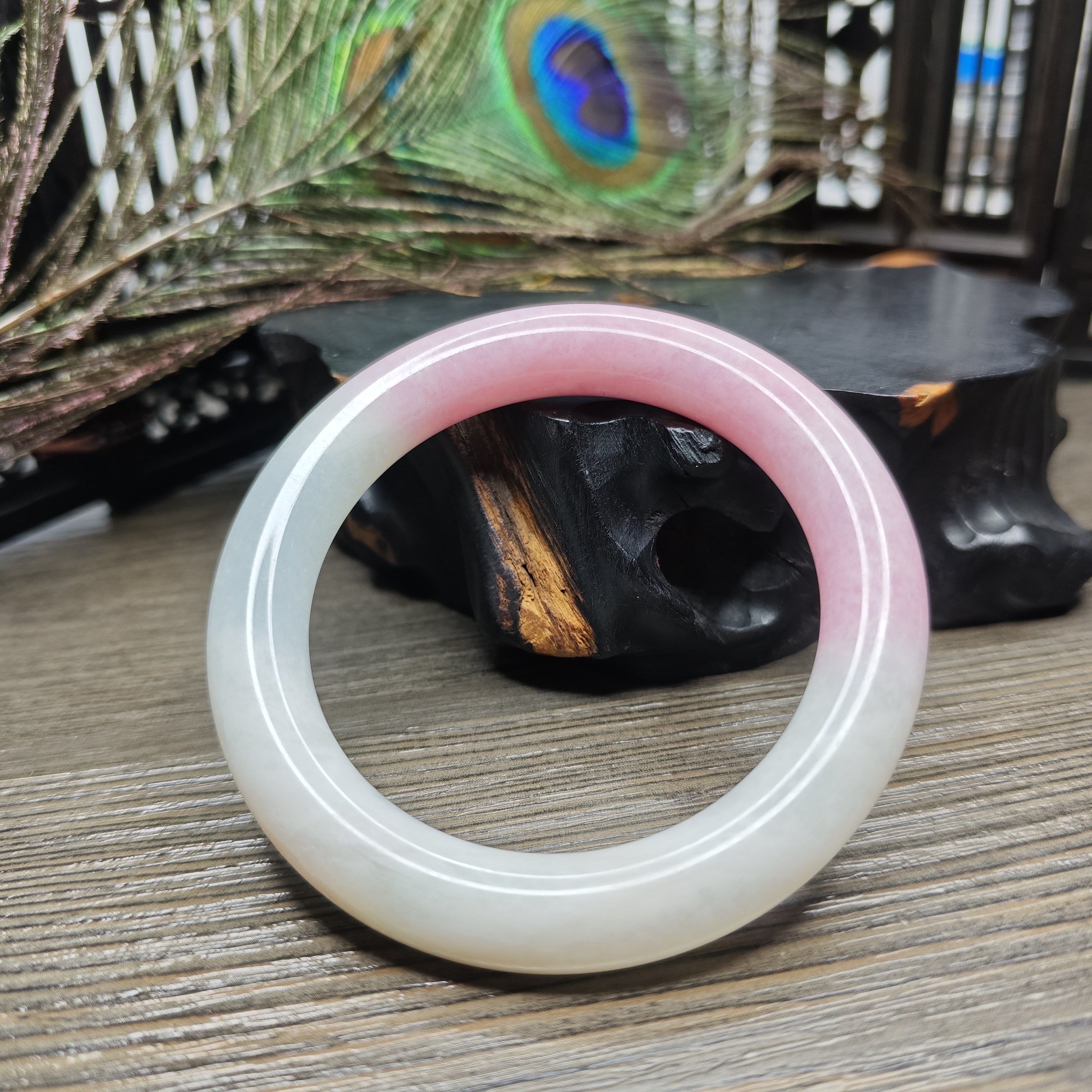 珍藏天然老坑南阳独玉芙蓉粉玉粉色复古圆条玉石手镯内径56mm证