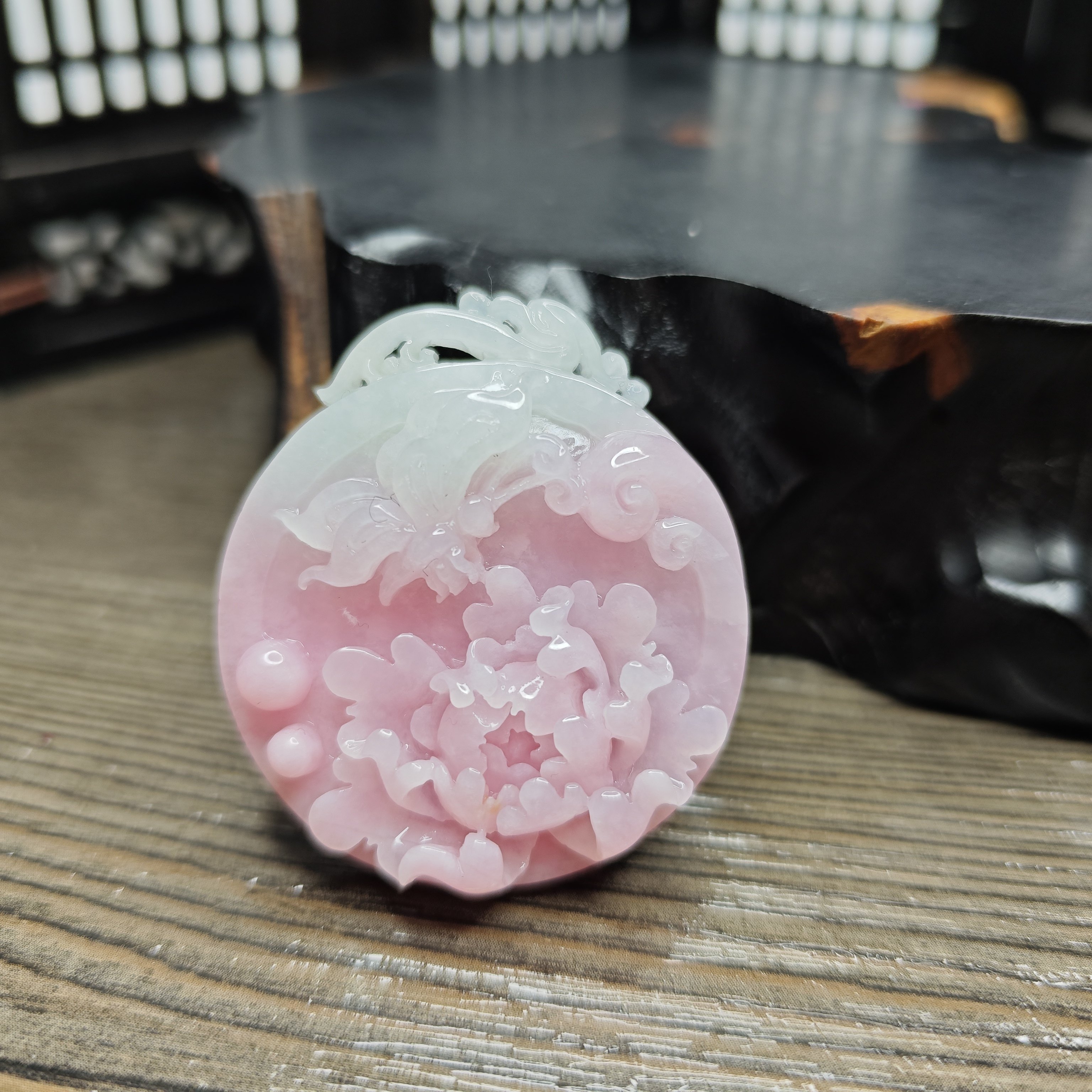 珍藏南阳独玉芙蓉色粉红花开富贵牡丹花蝶恋花吊坠挂件男女款礼物