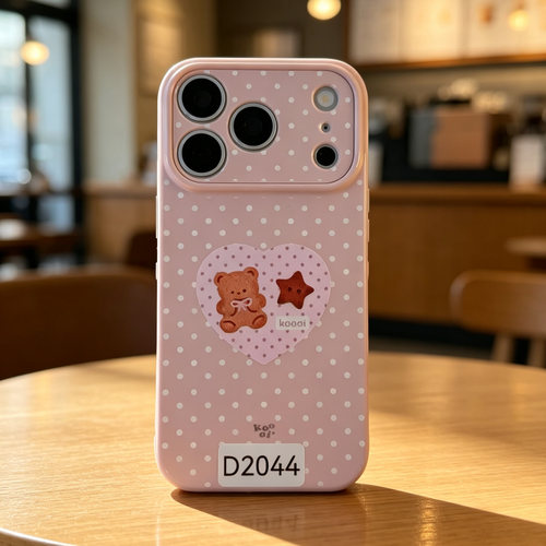 D2044 粉色波点爱心小熊 精孔亮面爱心边软硅胶17promax苹果17pro新款iphone16pro保护套创意防摔全包手机壳