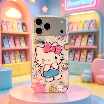 D1016 Kitty白色插画彩色亚克力硬背软边IMD 17promax苹果17pro新款iphone16pro保护套15创意防摔全包手机壳