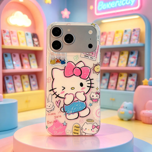 D1016 Kitty白色插画彩色亚克力硬背软边IMD 17promax苹果17pro新款iphone16pro保护套15创意防摔全包手机壳