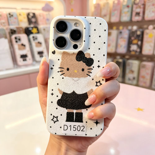 D1503黑皮长腿Kitty白底皮纹大孔软壳 17promax苹果17pro新款iphone16pro保护套15创意防摔全包手机壳