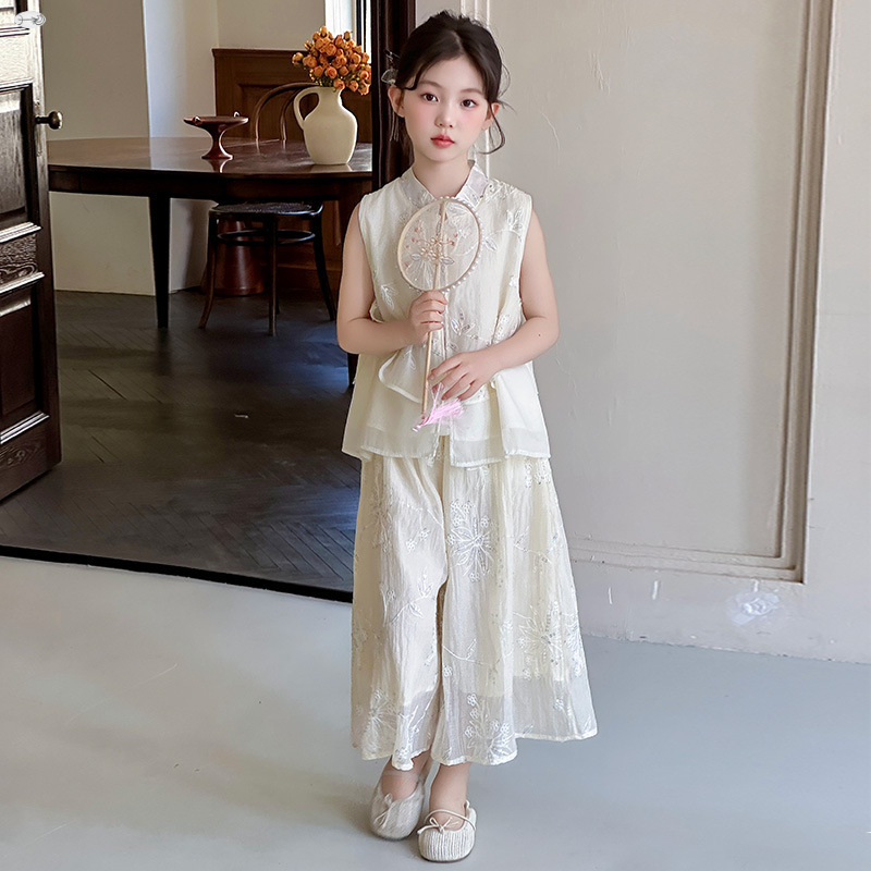 女童夏装套装2025新款超好看中国风女孩无袖上衣阔腿裤洋气